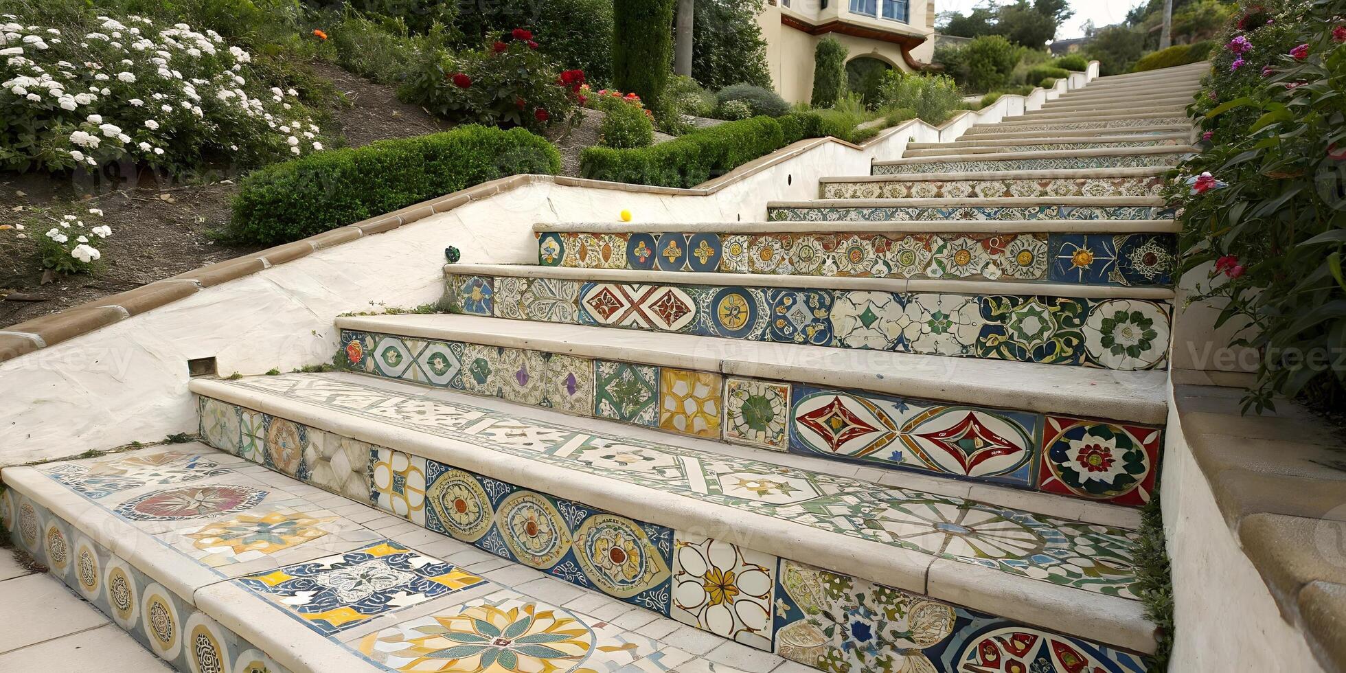 Mosaic tile slide steps with intricate patterns. photo