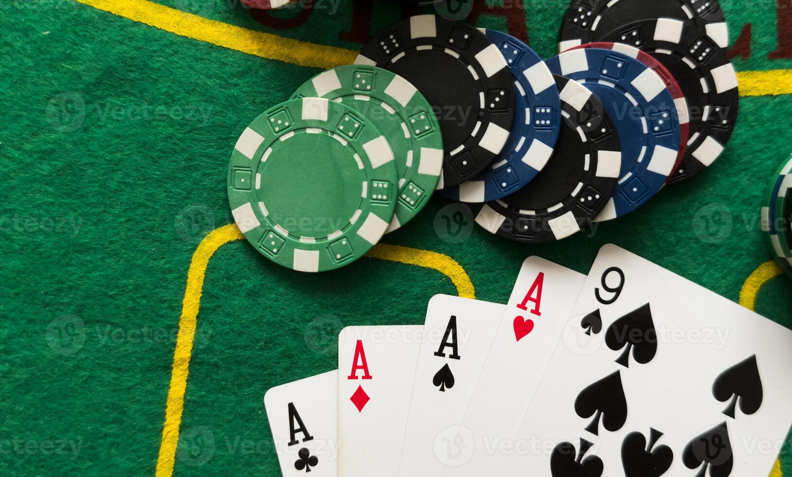 Poker cards with combination. The winning combination in a game in a poker club. The concept of luck in the poker game. photo