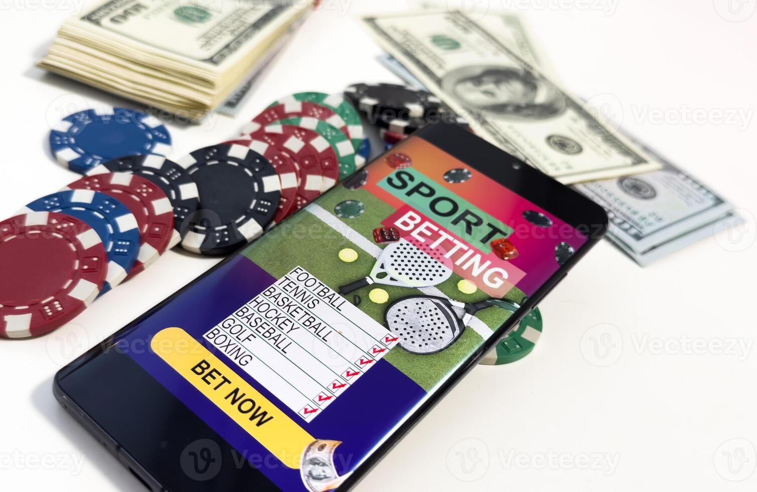 Playing cards, poker chips, and dice, the smartphone. Online casino concept. Gambling. Background. photo
