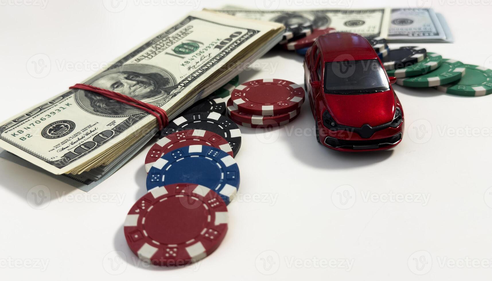 casino chips and toy car on white background photo