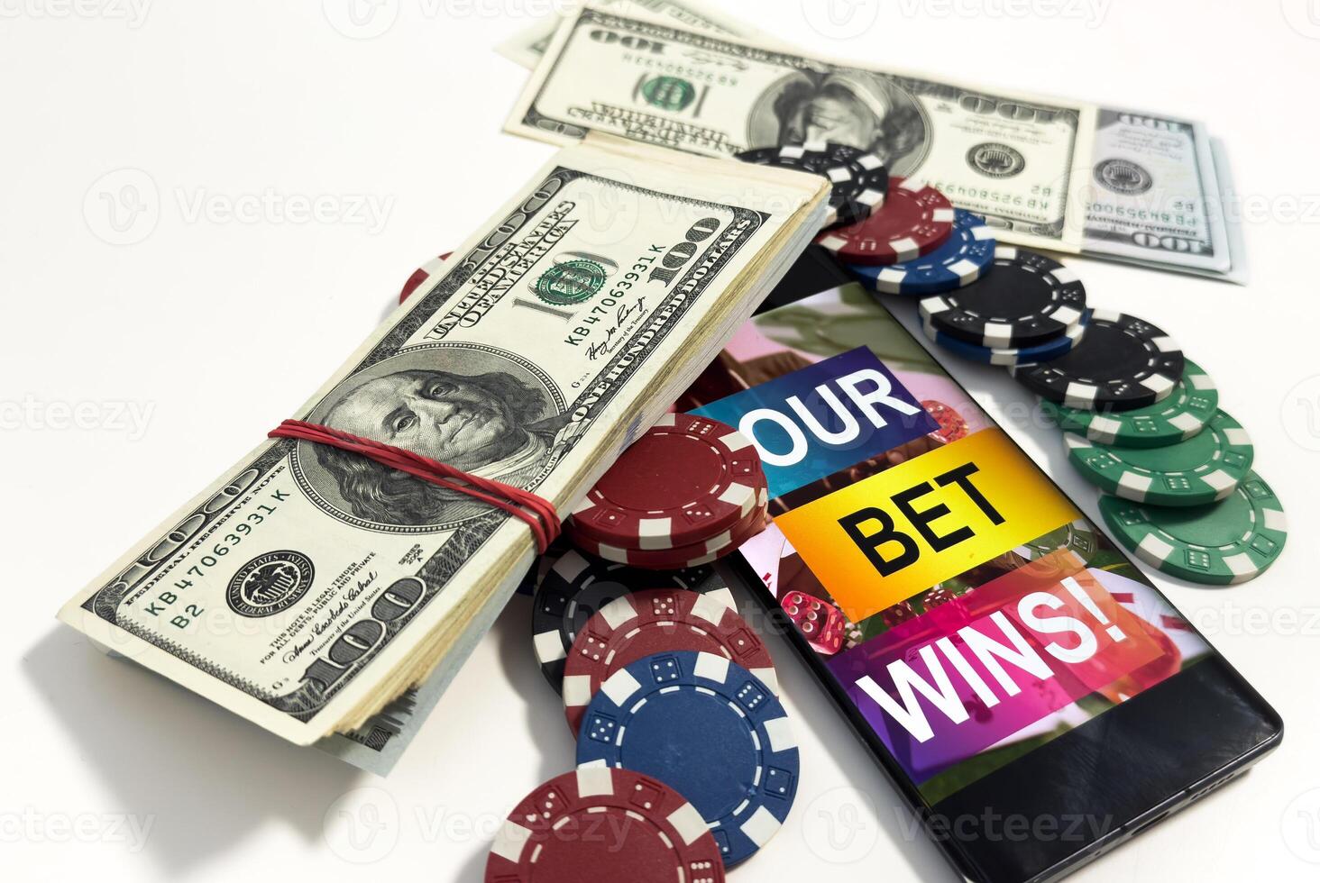 Online poker concept. Smartphone and poker chips. Poker online banner. Copy space. Vignette. Place for text. Gambling. Background photo