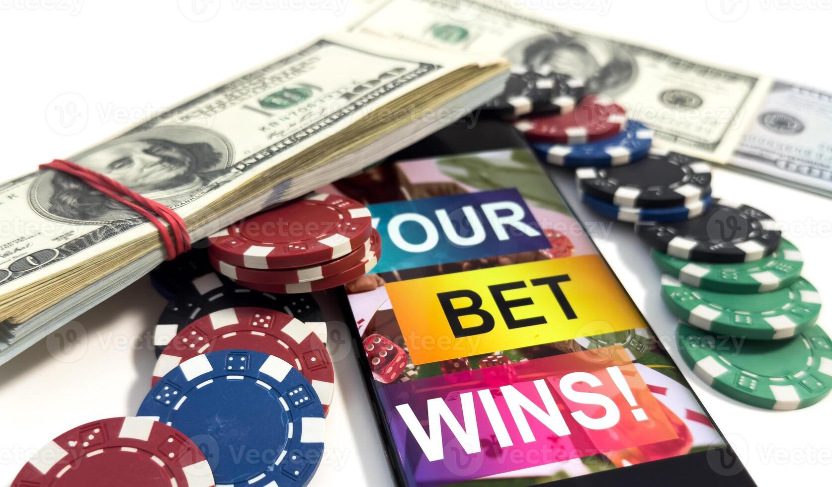 Online poker concept. Smartphone and poker chips. Poker online banner. Copy space. Vignette. Place for text. Gambling. Background photo