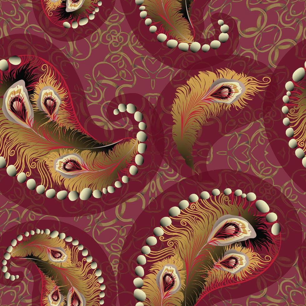 Luxurious paisley pattern with golden peacock feather motif teardrops framed by pearl bead strips on deep ornamental red background. vector