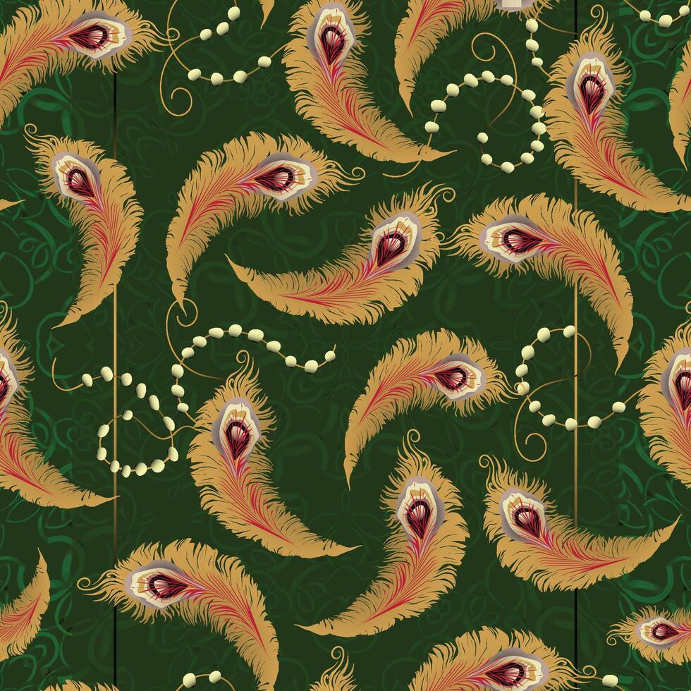 A seamless digital paisley pattern with golden peacock feathers, pearls, and ornamental layer on a deep green background. Ideal for textiles, branding, and luxury decor. vector