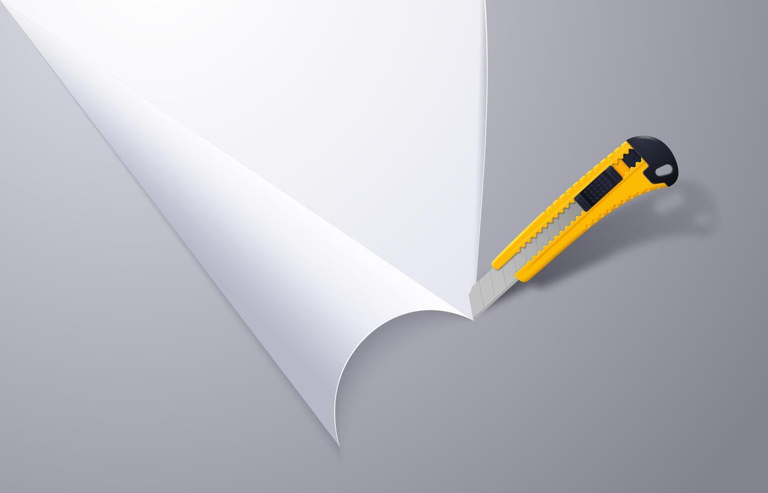 Sharp realistic stationery office knife cuts light paper background. 3d illustration. vector