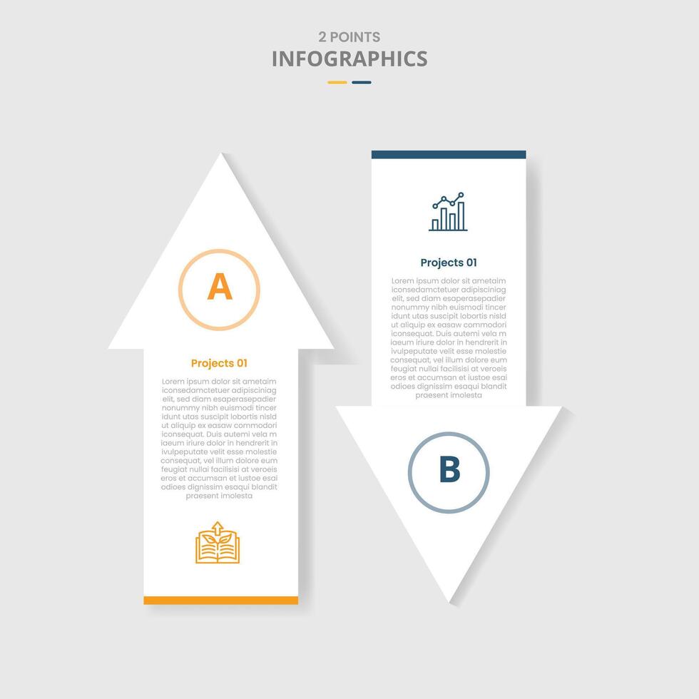 2 points template comparison concept for infographic with big arrow top and bottom direction opposite with drop shadow style with two point list information vector