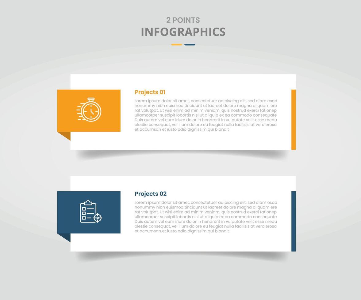 2 points template comparison concept for infographic with big rectangle box container with badge on side and drop shadow style with two point list information vector
