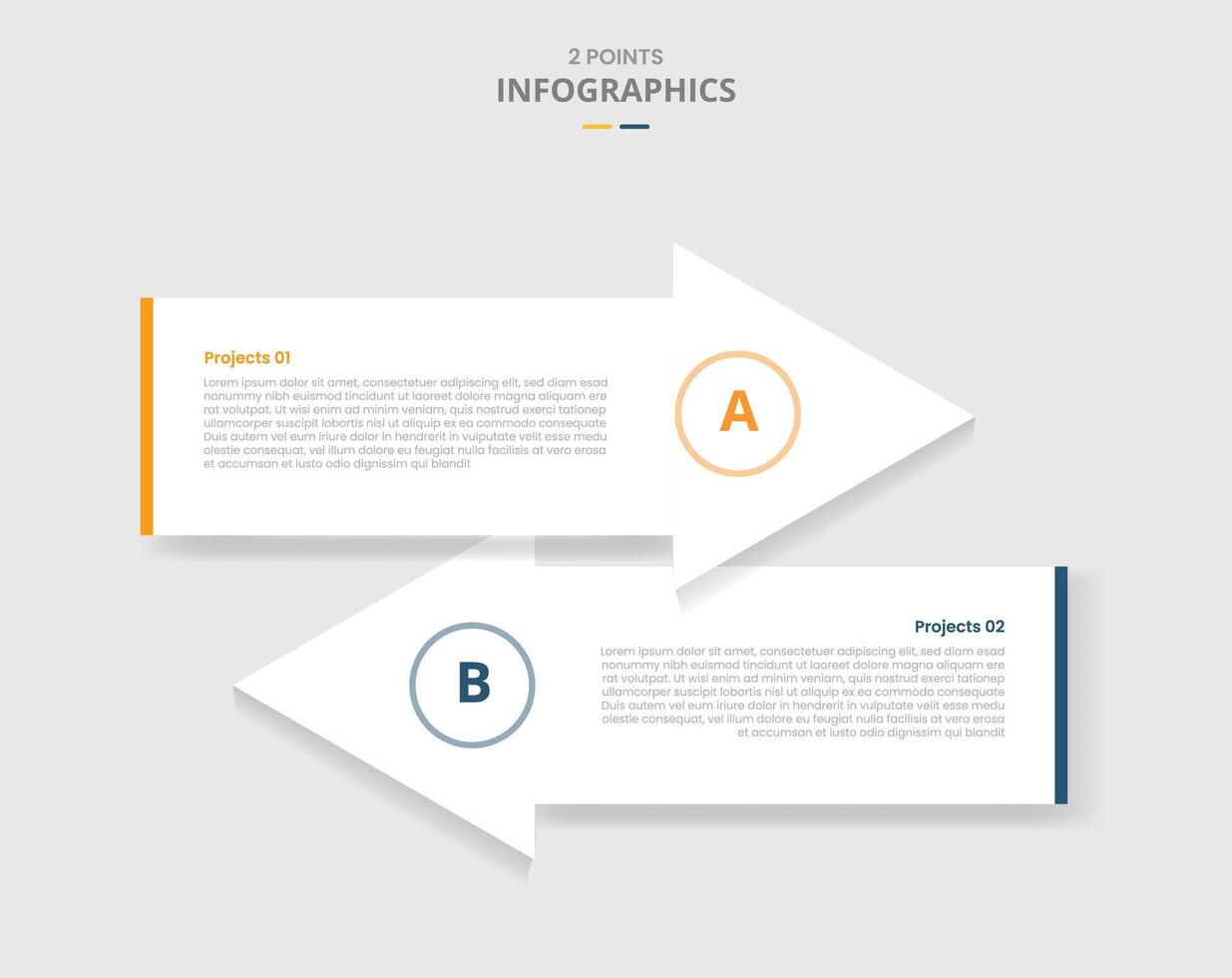 2 points template comparison concept for infographic with big arrow container opposite direction with drop shadow style with two point list information vector