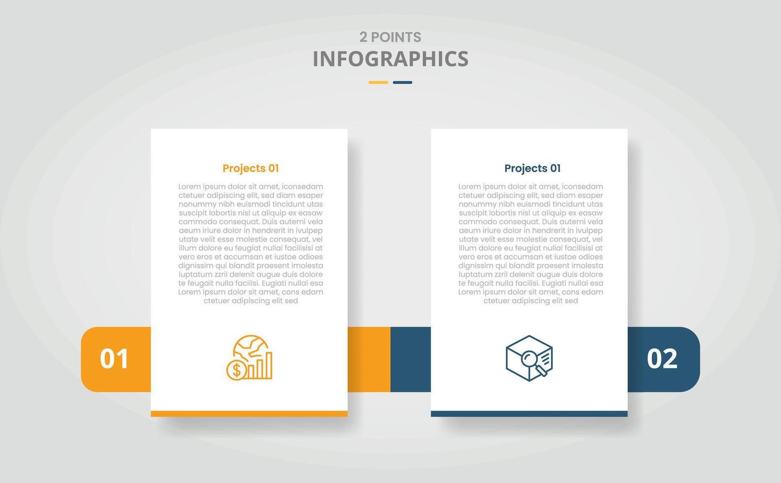 2 points template comparison concept for infographic with vertical standing box and horizontal box through and drop shadow style with two point list information vector