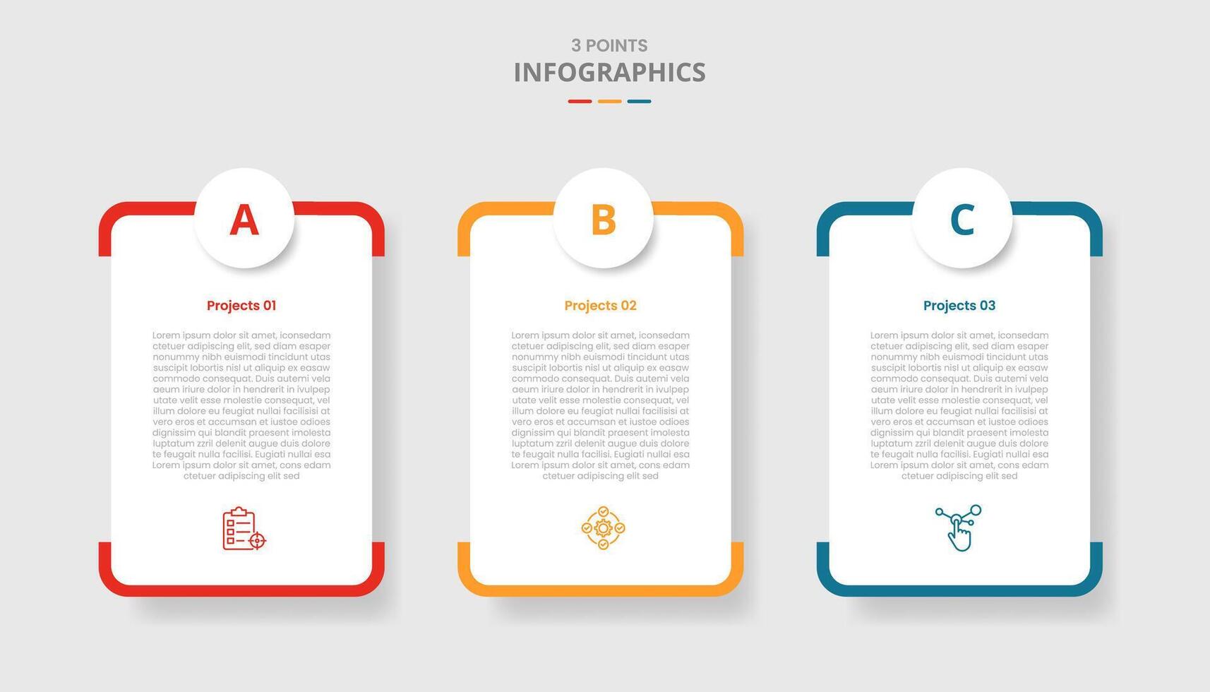 3 points template comparison concept for infographic with round vertical box with circle badge top with drop shadow style with two point list information vector