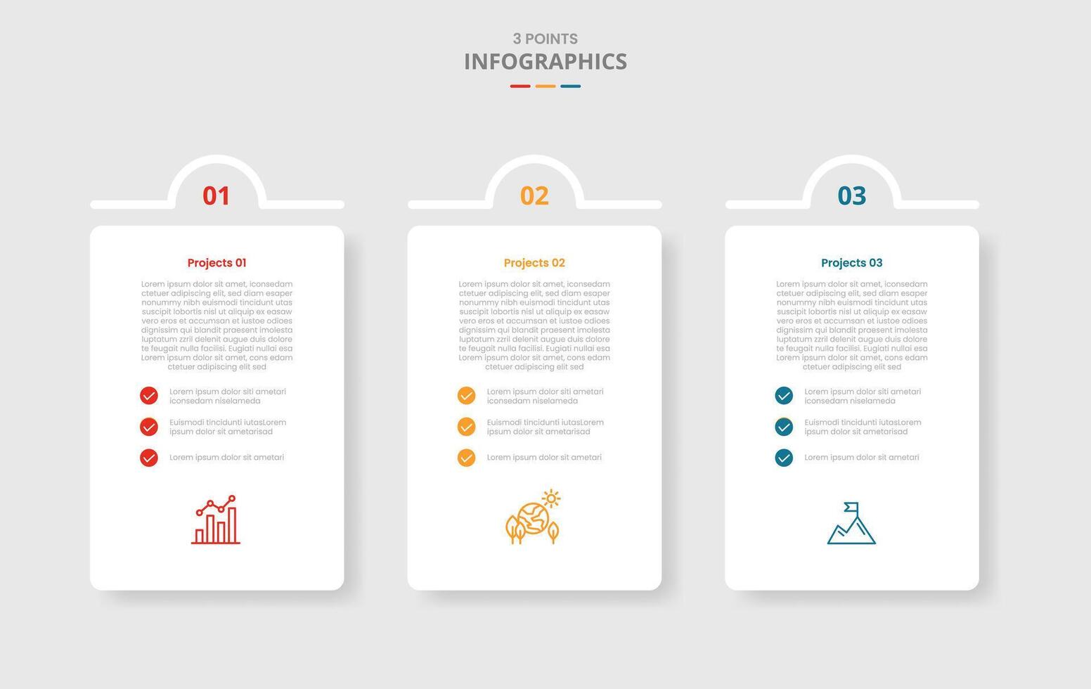 3 points template comparison concept for infographic with vertical box with half circle top badge with drop shadow style with two point list information vector