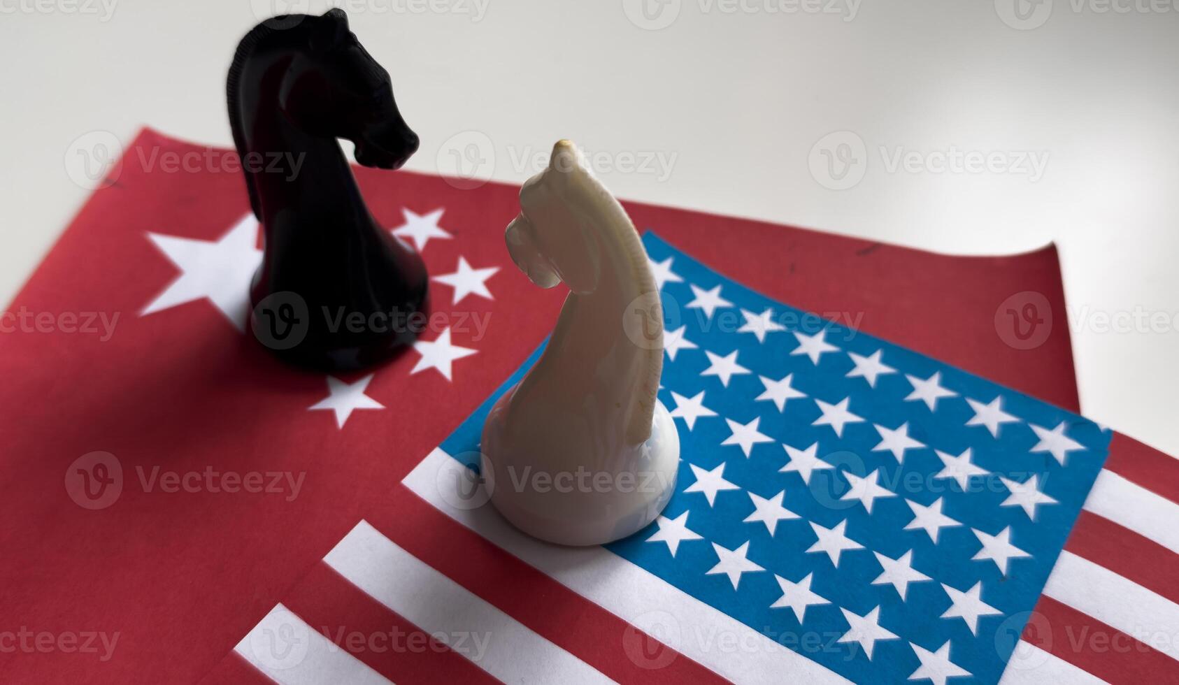 Chess game, on China and US national flags. Trade war concept. Conflict between two big countries, USA and China concept. Copy space. photo