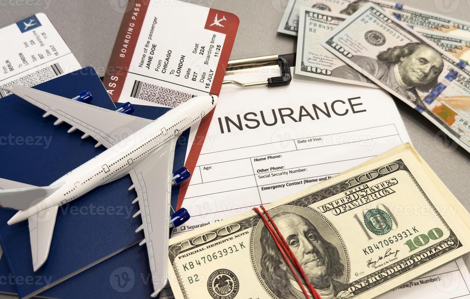 Travel insurance form with model and policy document photo