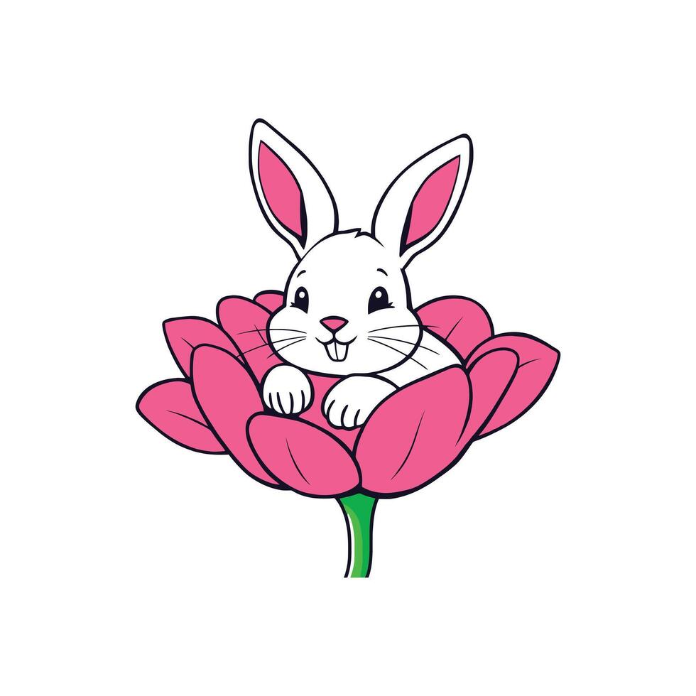 Smiling Rabbit Snuggling in Flower Illustration for Children vector