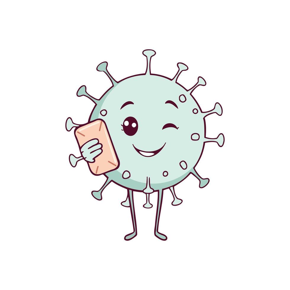 Cute virus character holding soap promoting hygiene and handwashing awareness vector