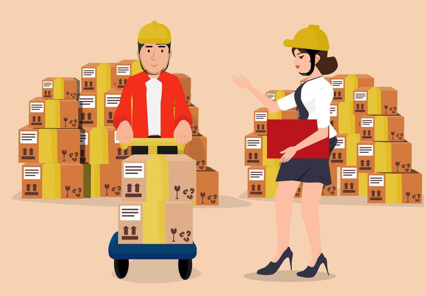 Teamwork in supply chain and storage facility flat design vector