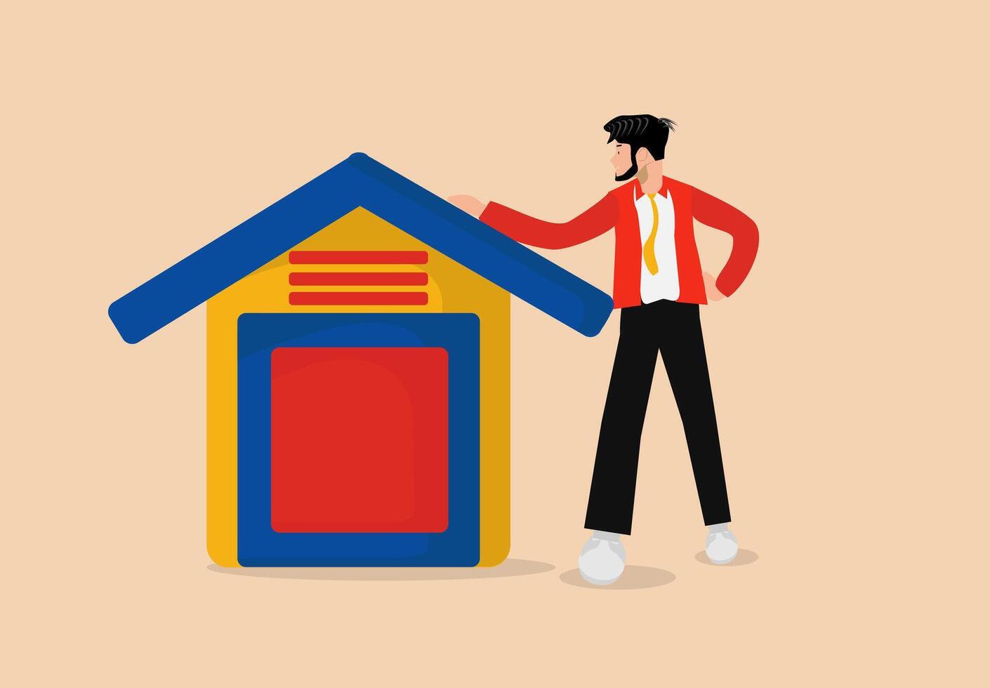 Storage or warehouse, a man in a red suit standing in a flat-design storage room vector