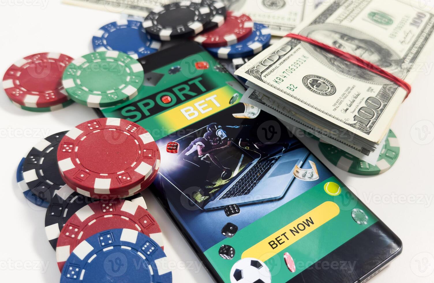 Online poker concept. Smartphone and poker chips. Poker online banner. Copy space. Vignette. Place for text. Gambling. Background photo
