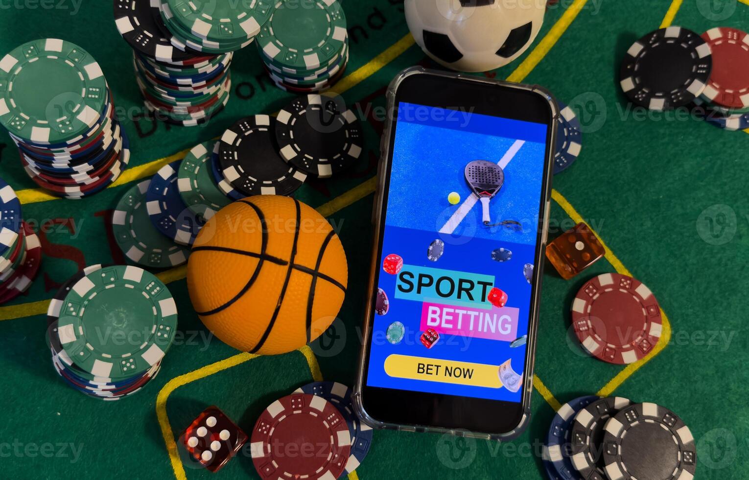 Online poker concept. Smartphone and poker chips on a green background. Poker online banner. Copy space. Vignette. Place for text. Gambling. Background photo