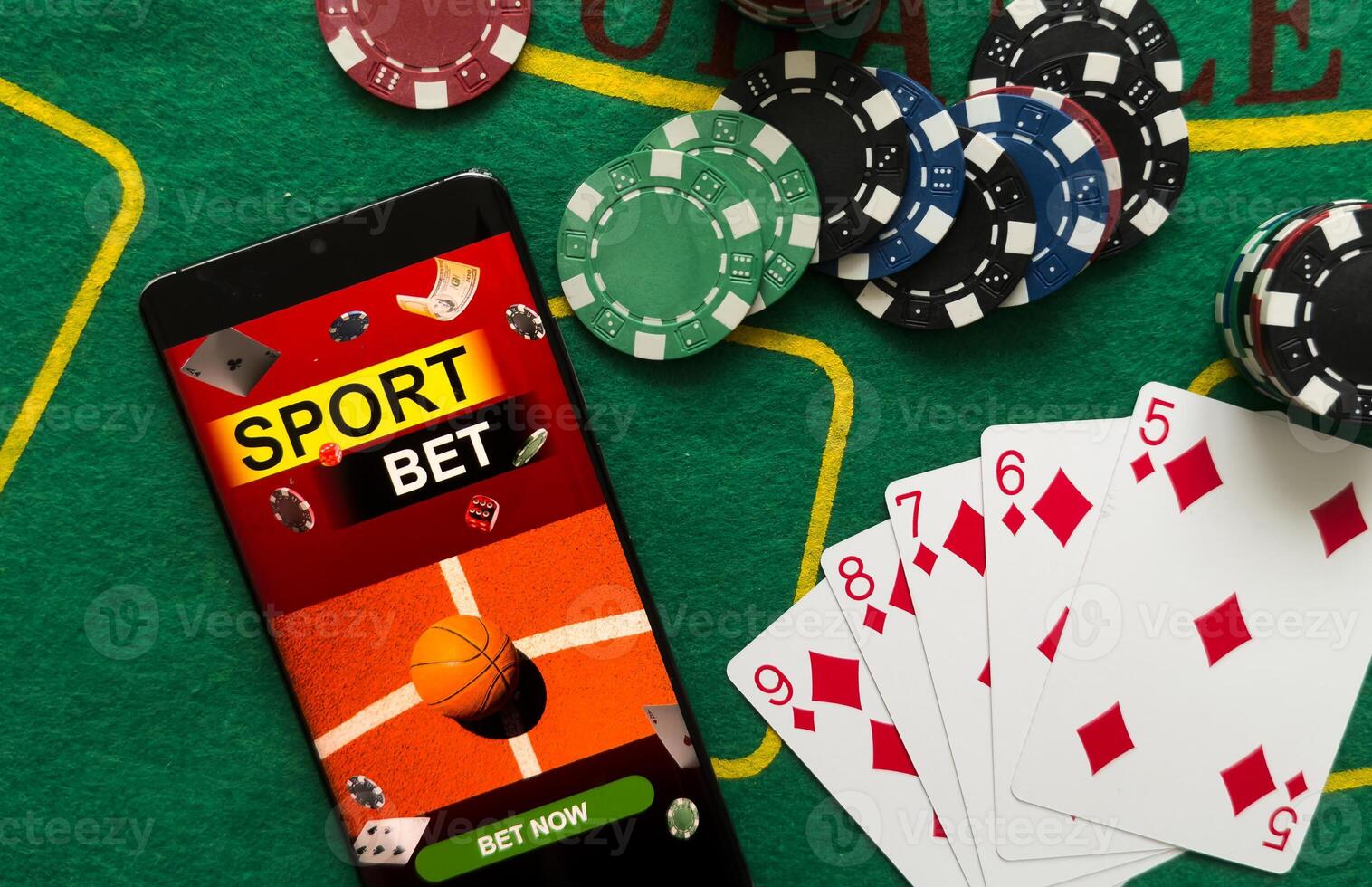 Online Poker casino banner with a mobile phone, chips, playing cards and dice. Marketing Luxury Banner Jackpot Online Casino with New model Smartphone. Empty advertising poster. photo