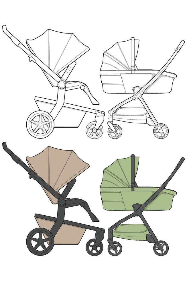 a drawing of a stroller and a baby carriage vector