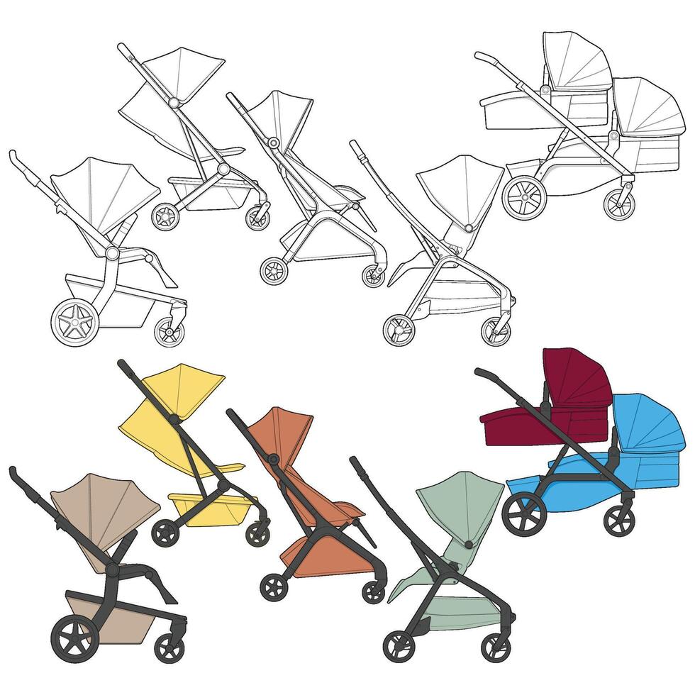 a drawing of different strollers and baby carriages vector