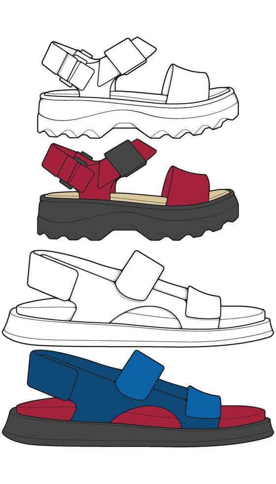three different colored sandals are shown in this illustration vector