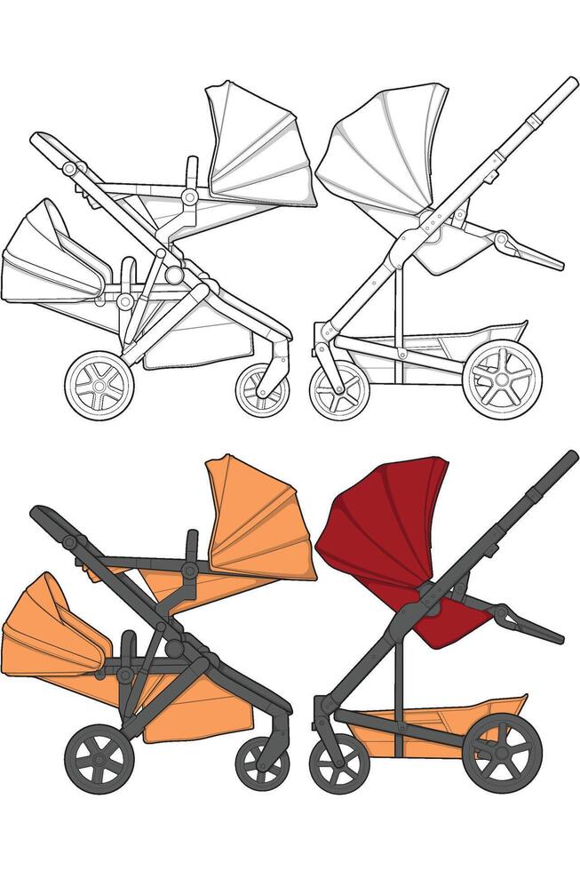 Bundling set of illustration of baby stroller isolated on white background. vector