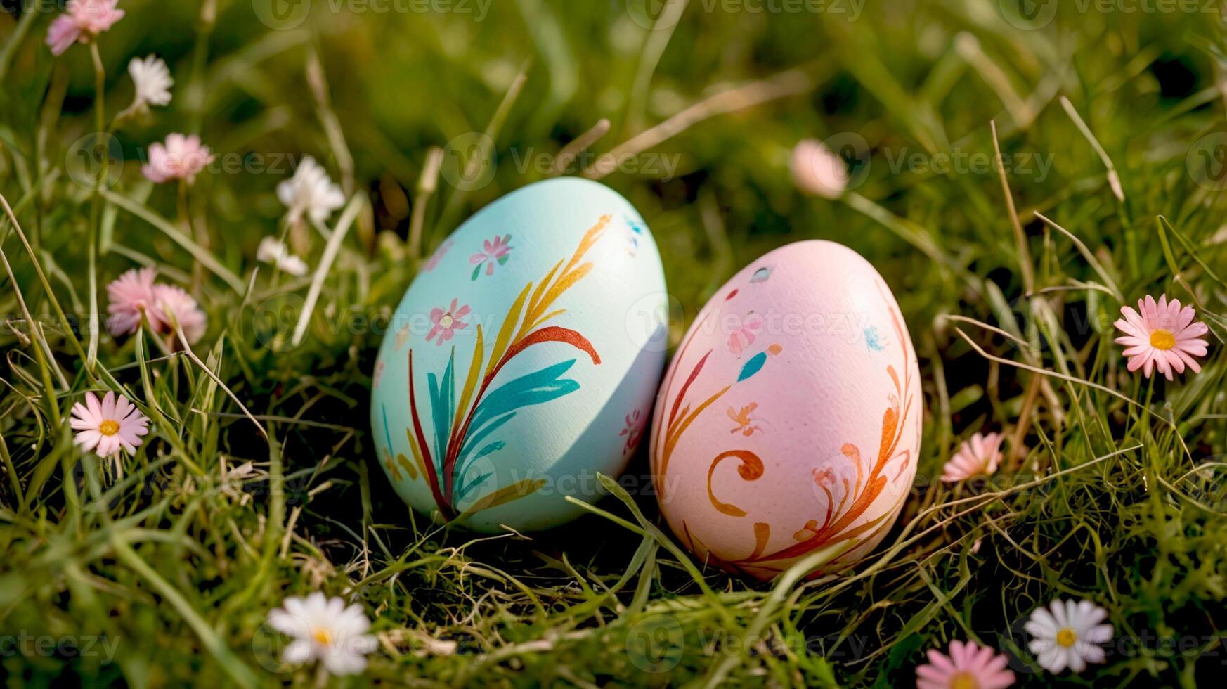 Two pastels decorated Easter eggs in a spring lawn photo