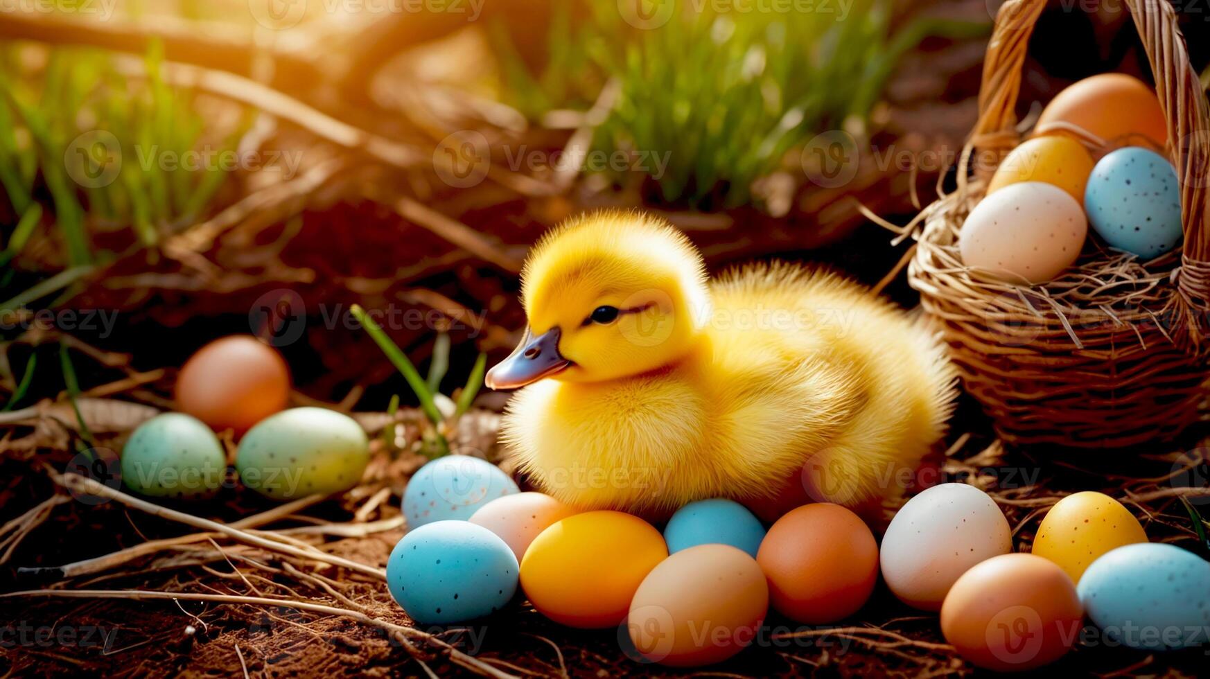 Little duckling with the pastel Easter eggs photo