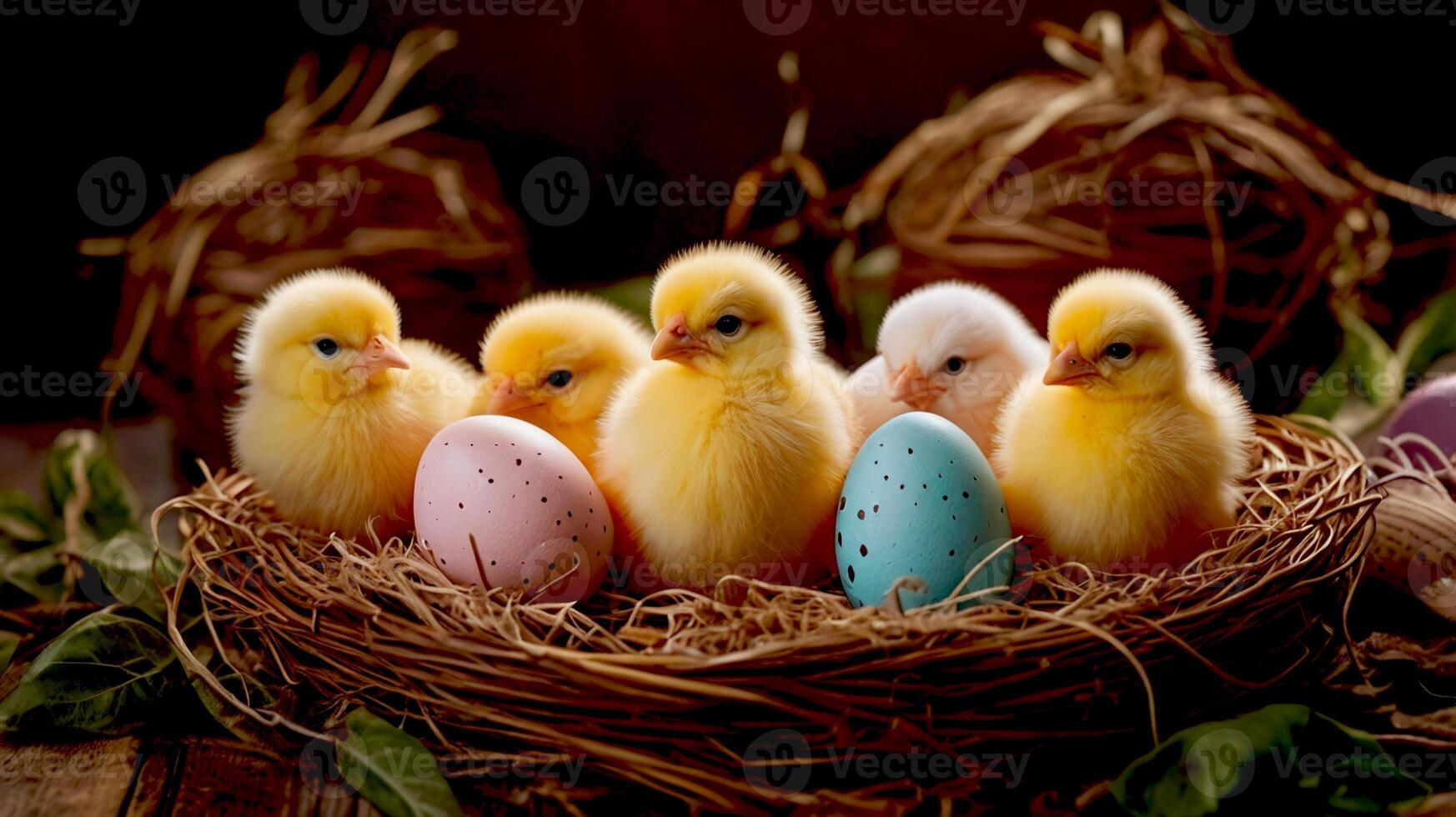 Cute little chicks siting in a basket among Easter Eggs photo