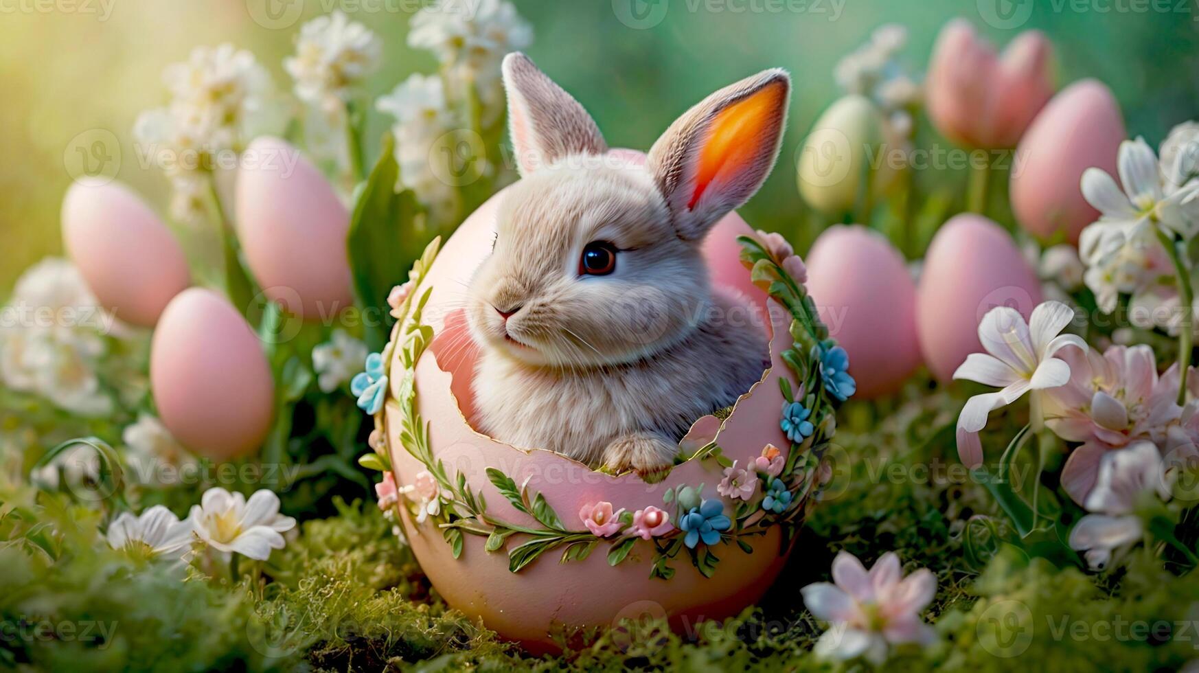 Easter egg with bunny wreath among the spring flowers photo