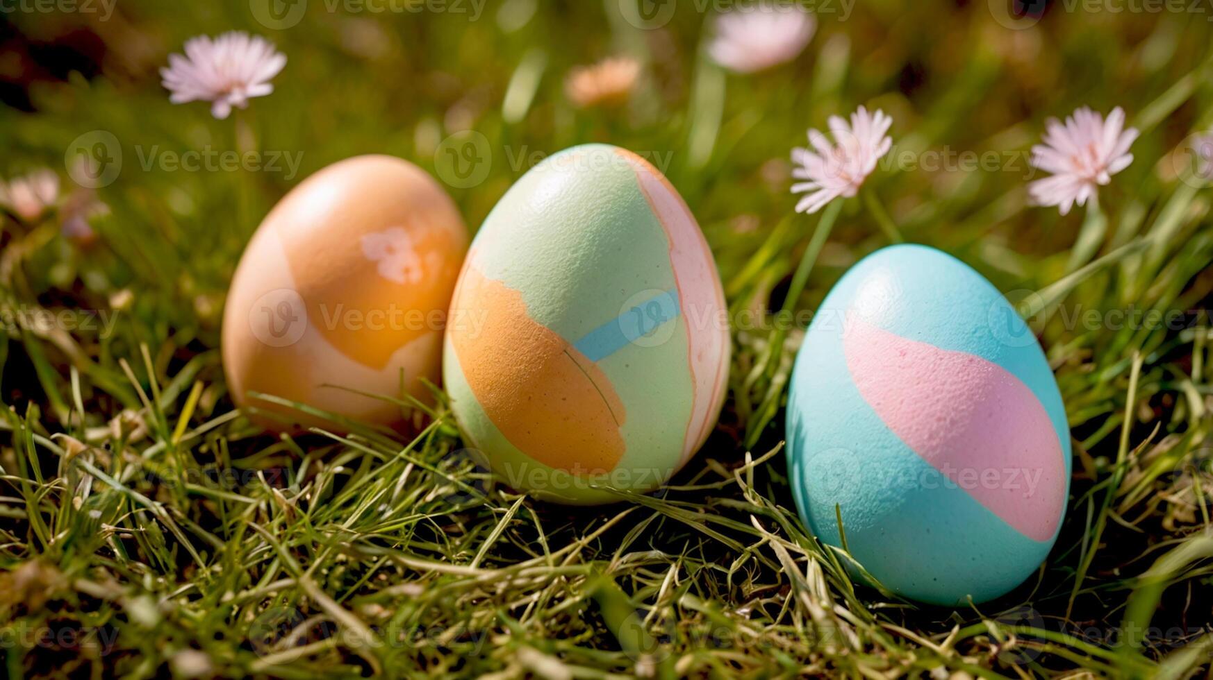 Three pastels decorated Easter eggs in a spring lawn photo