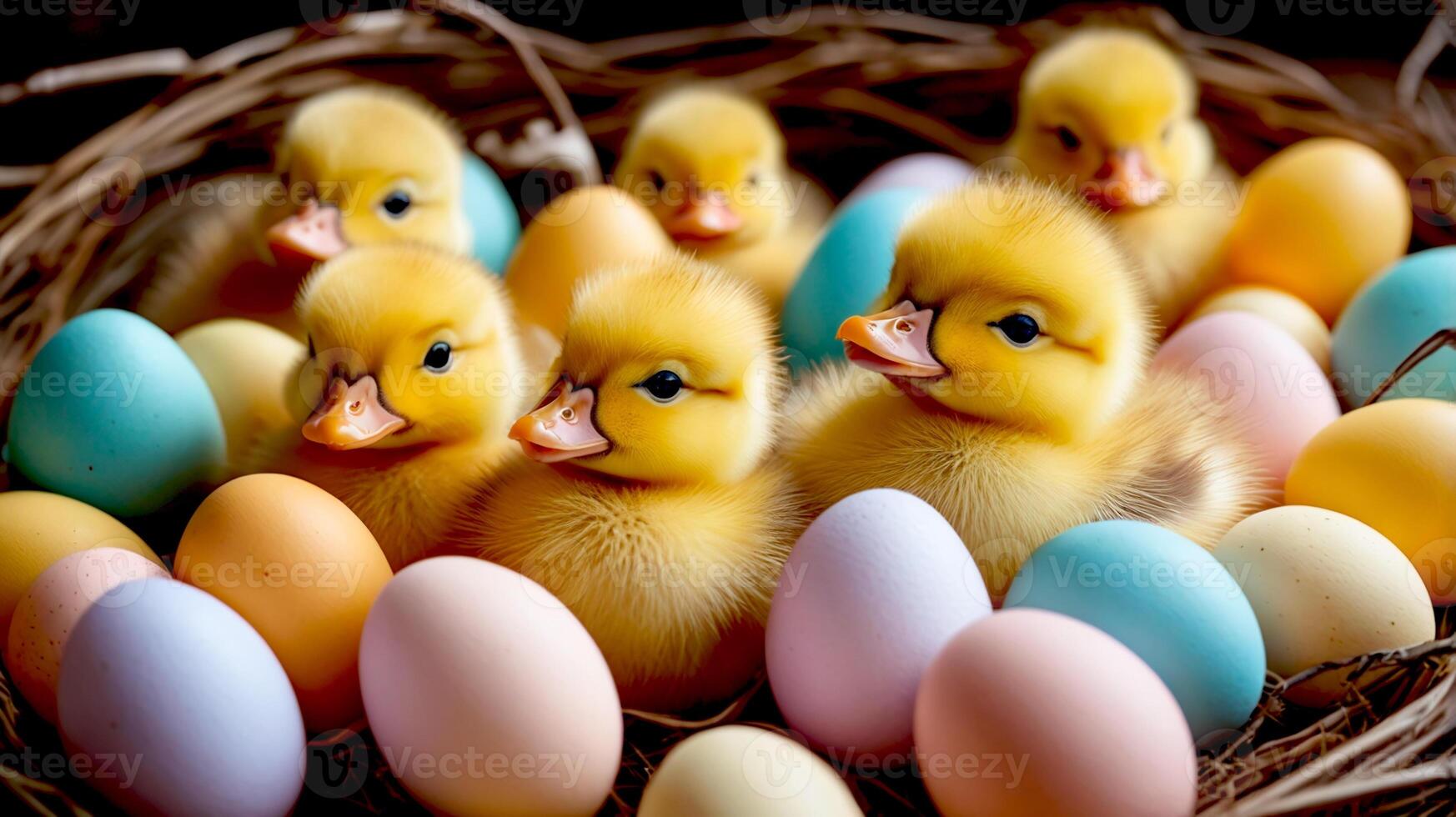 Six little ducklings surrounded by pastels Easter eggs photo