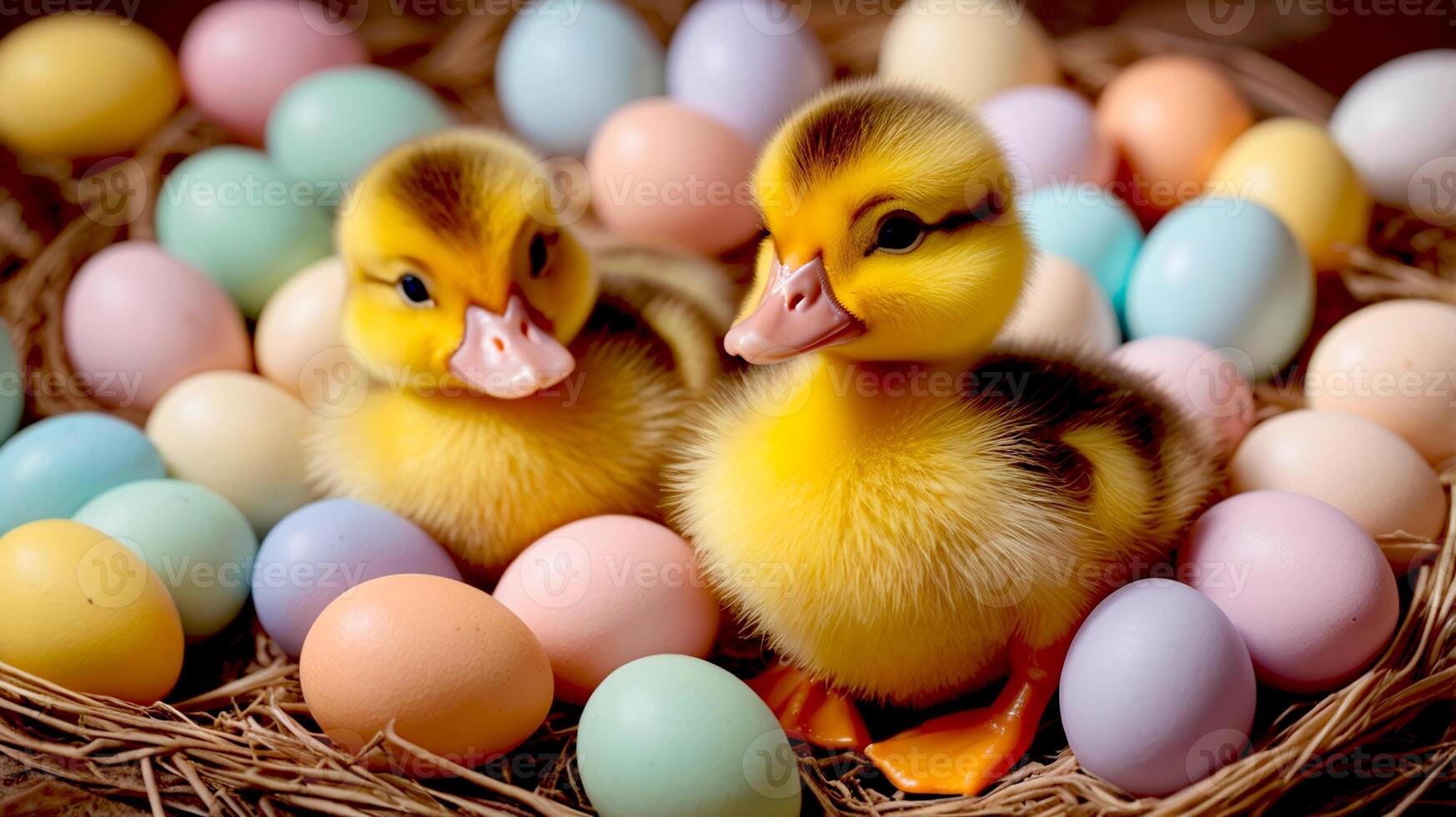 Cute yellow ducklings surrounded by pastels Easter eggs photo