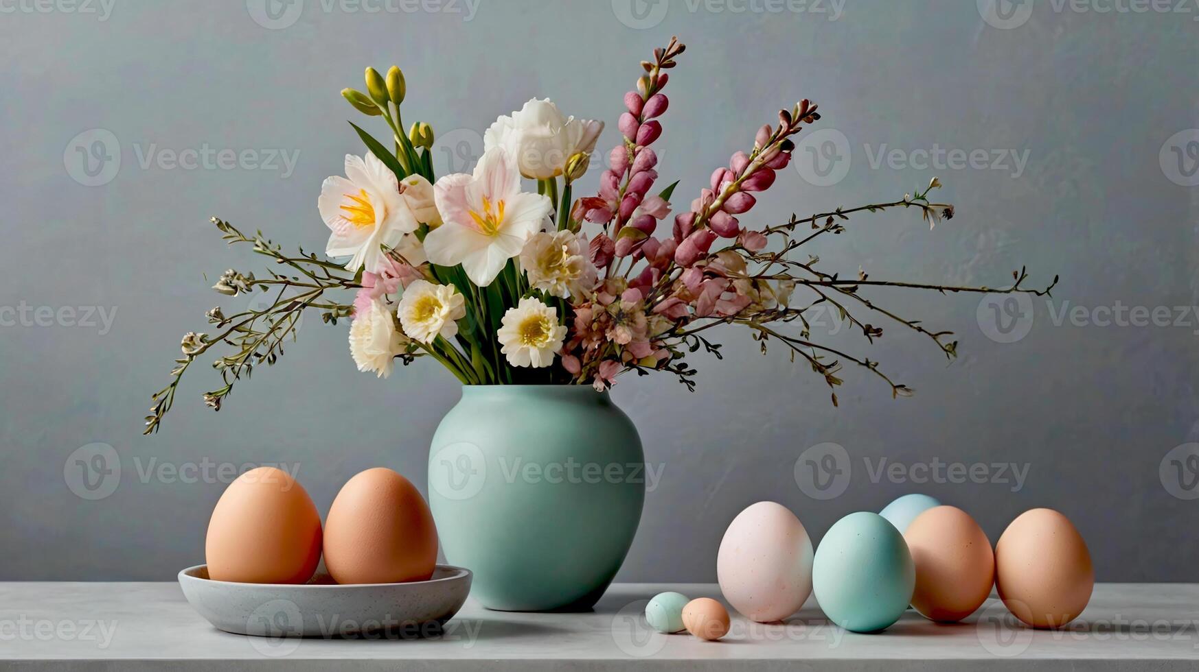 table decoration with Easter eggs and flowers on pastels background photo