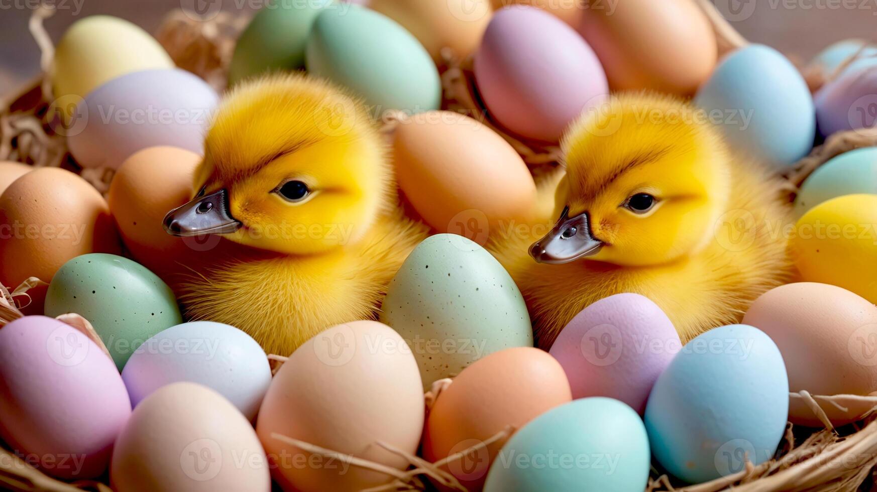 Cute ducklings surrounded by pastels Easter eggs photo