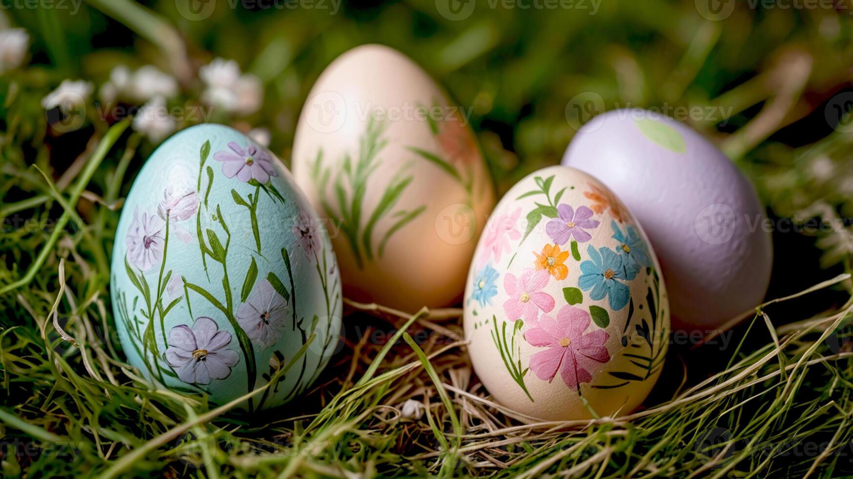 Painted Easter eggs in a green lawn photo