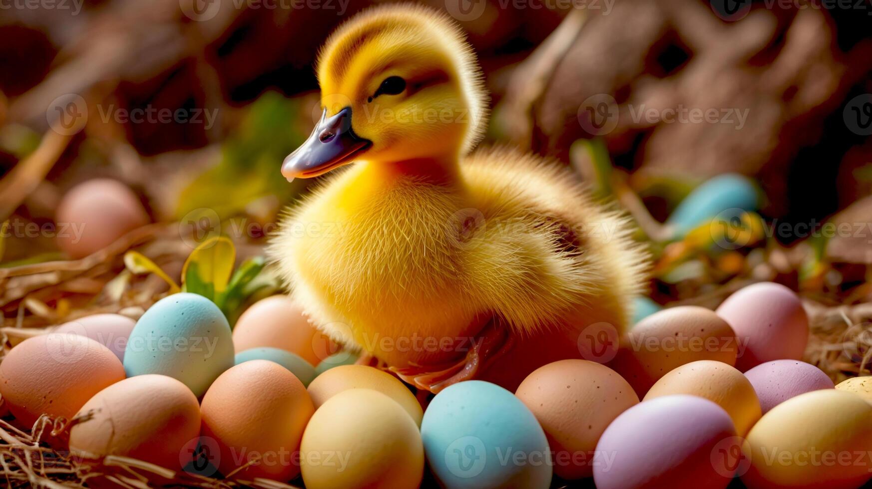 Little duckling among small Easter eggs photo