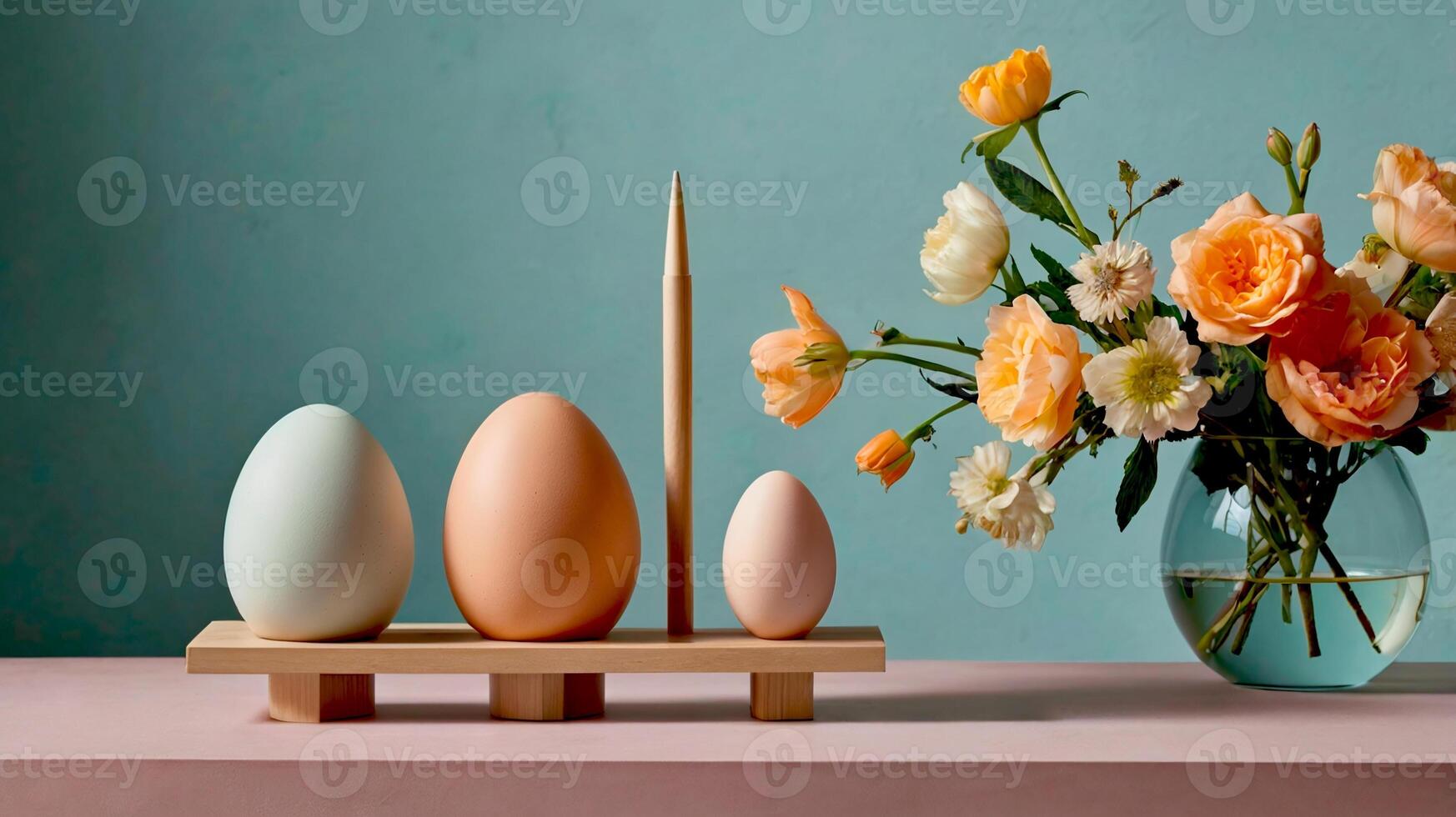 Easter decoration with eggs and flowers on pastels background photo