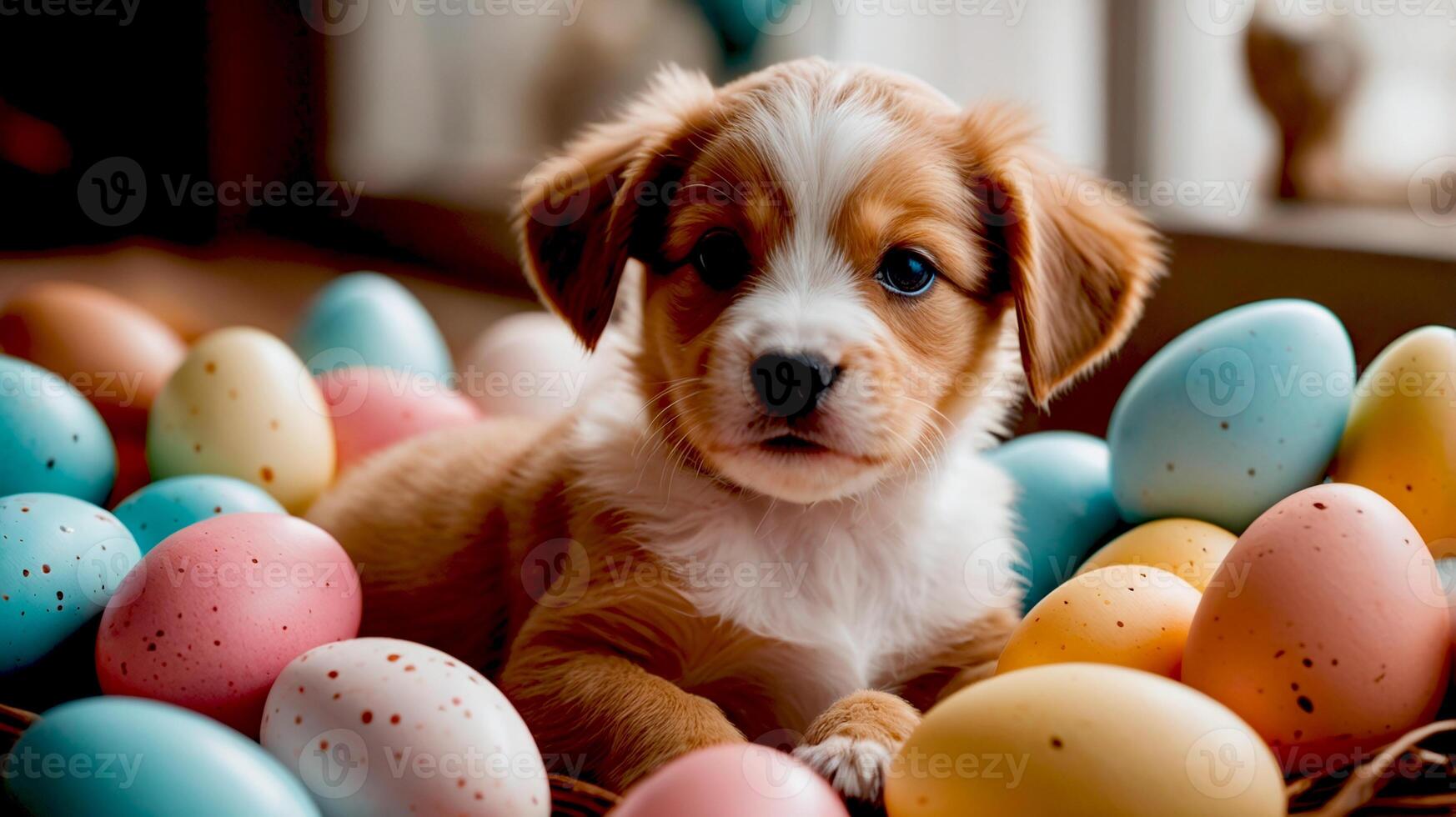 Cute little puppy among Easter eggs decoration greetings card photo