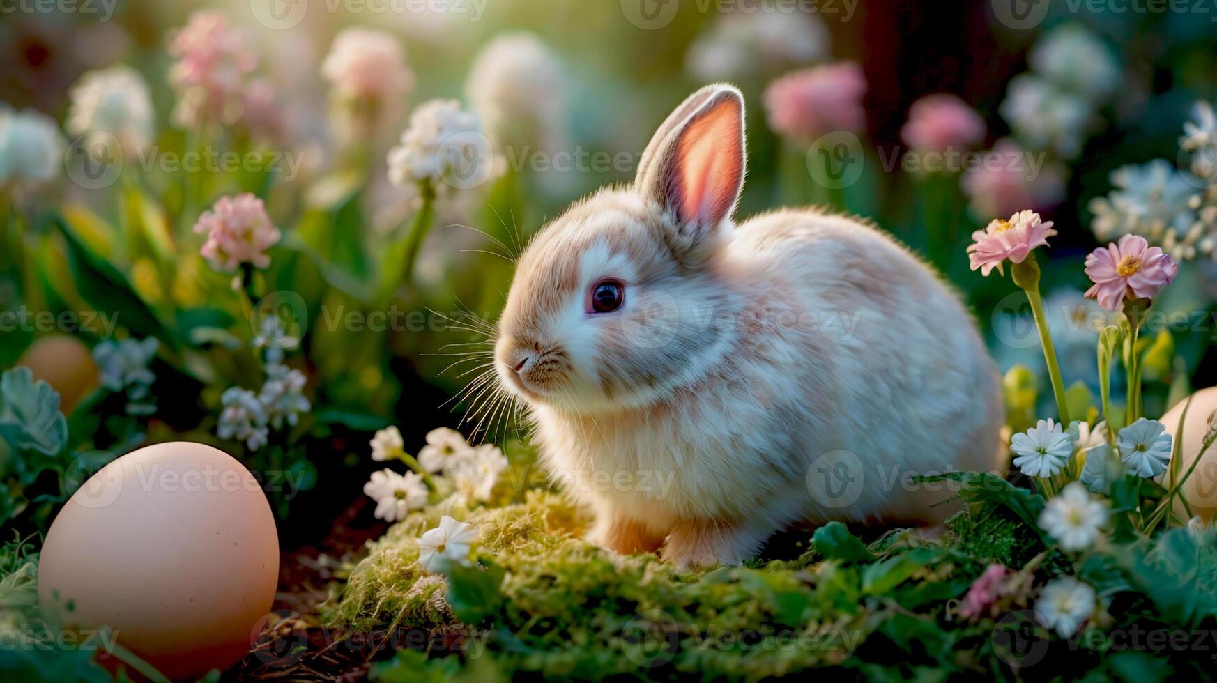 Easter bunny in the grass among the spring flowers photo