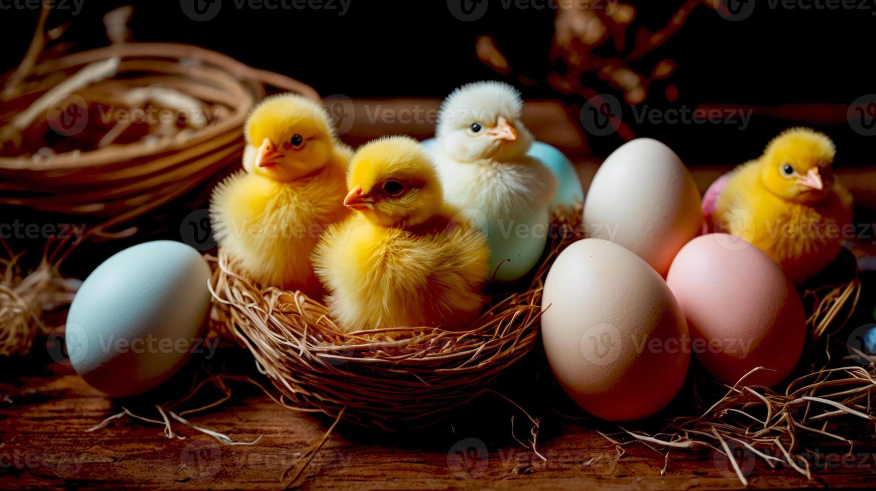 little chicks siting in a basket among Easter Eggs photo