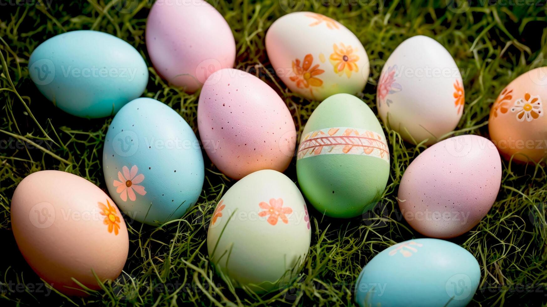 Green lawn with decorated Easter eggs photo