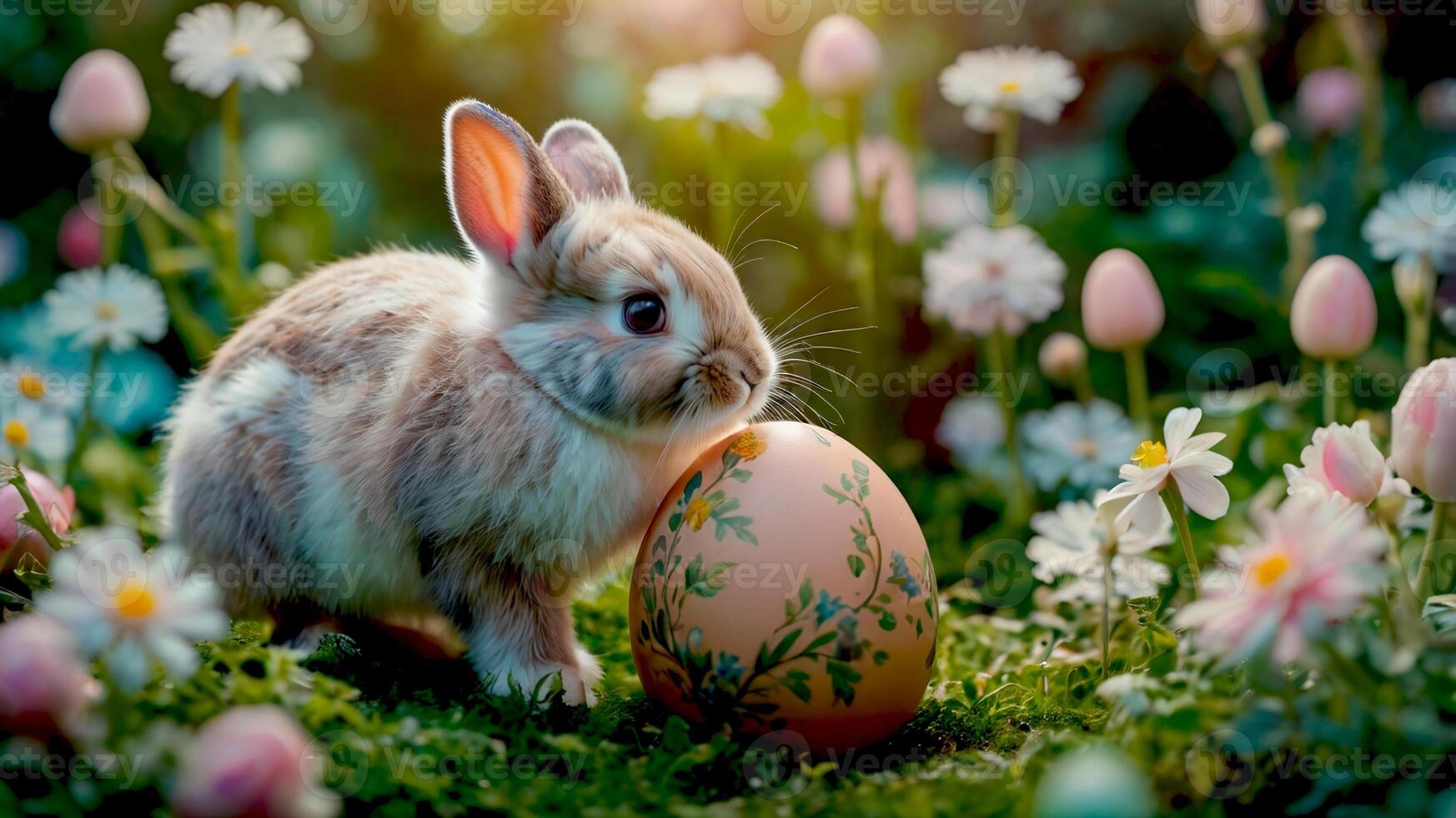 Easter bunny with decorated egg among the spring flowers photo