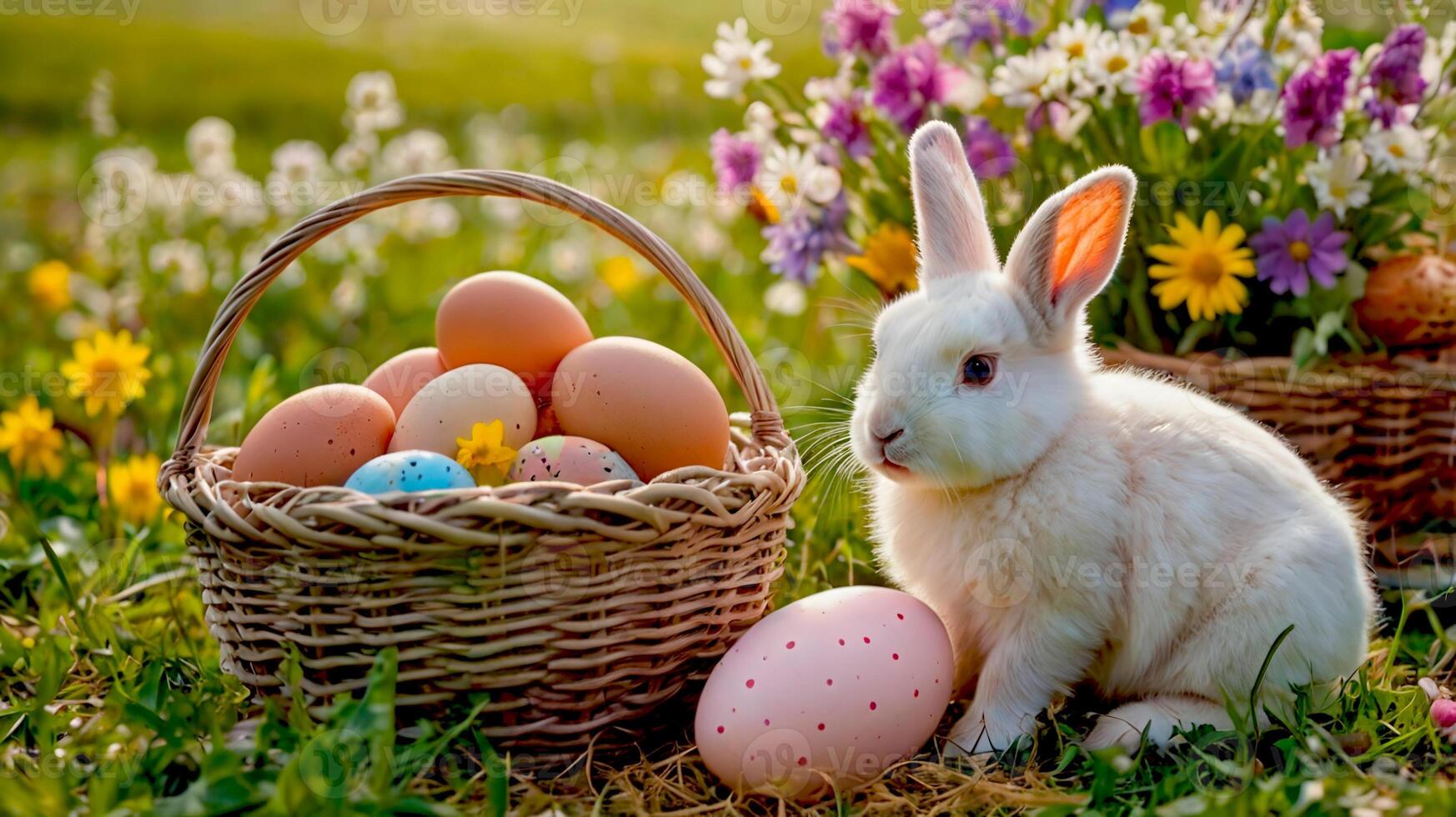Cute easter rabbit on the spring lawn with Easter basket photo
