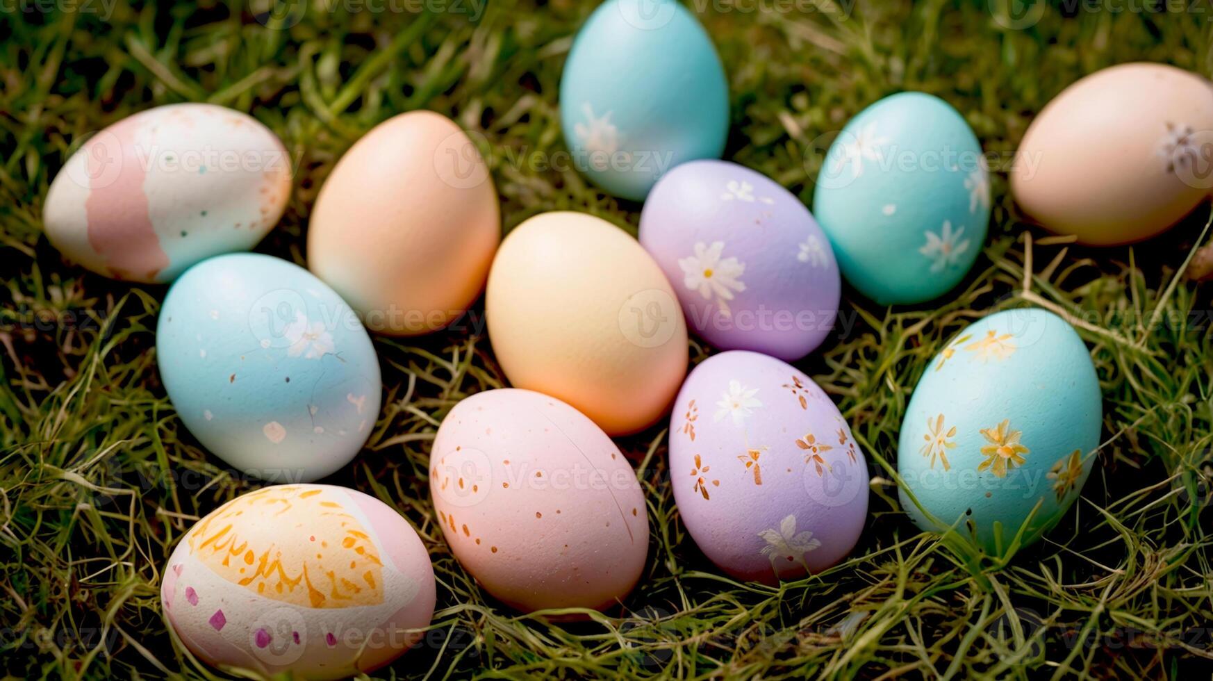 Close up of bunch of pastels decorated Easter eggs in a spring lawn photo