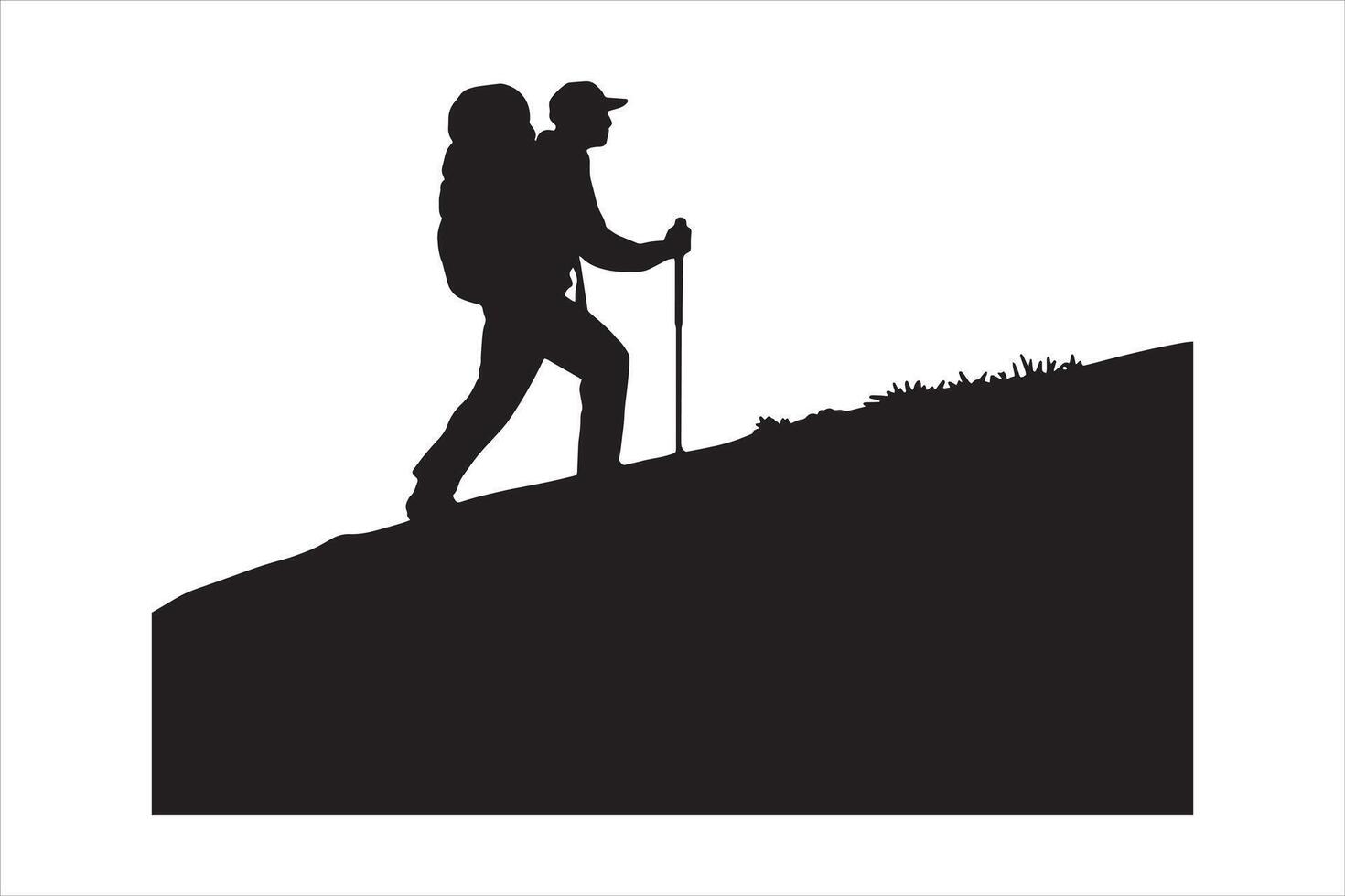 Adventurous Hiker in Silhouette on a Steep Trail with Backpack vector