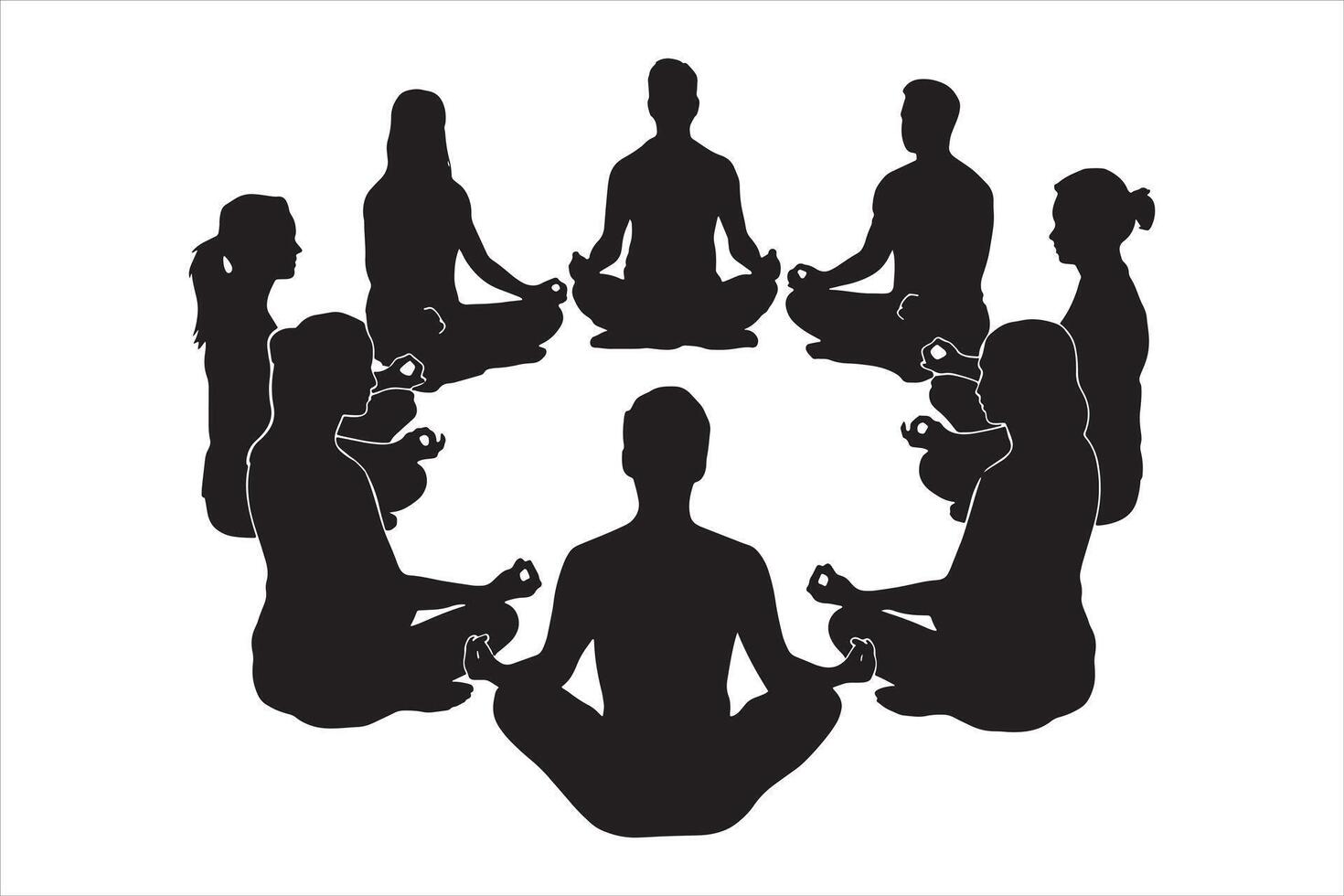 Black Silhouettes of People Practicing Yoga and Meditation Together vector