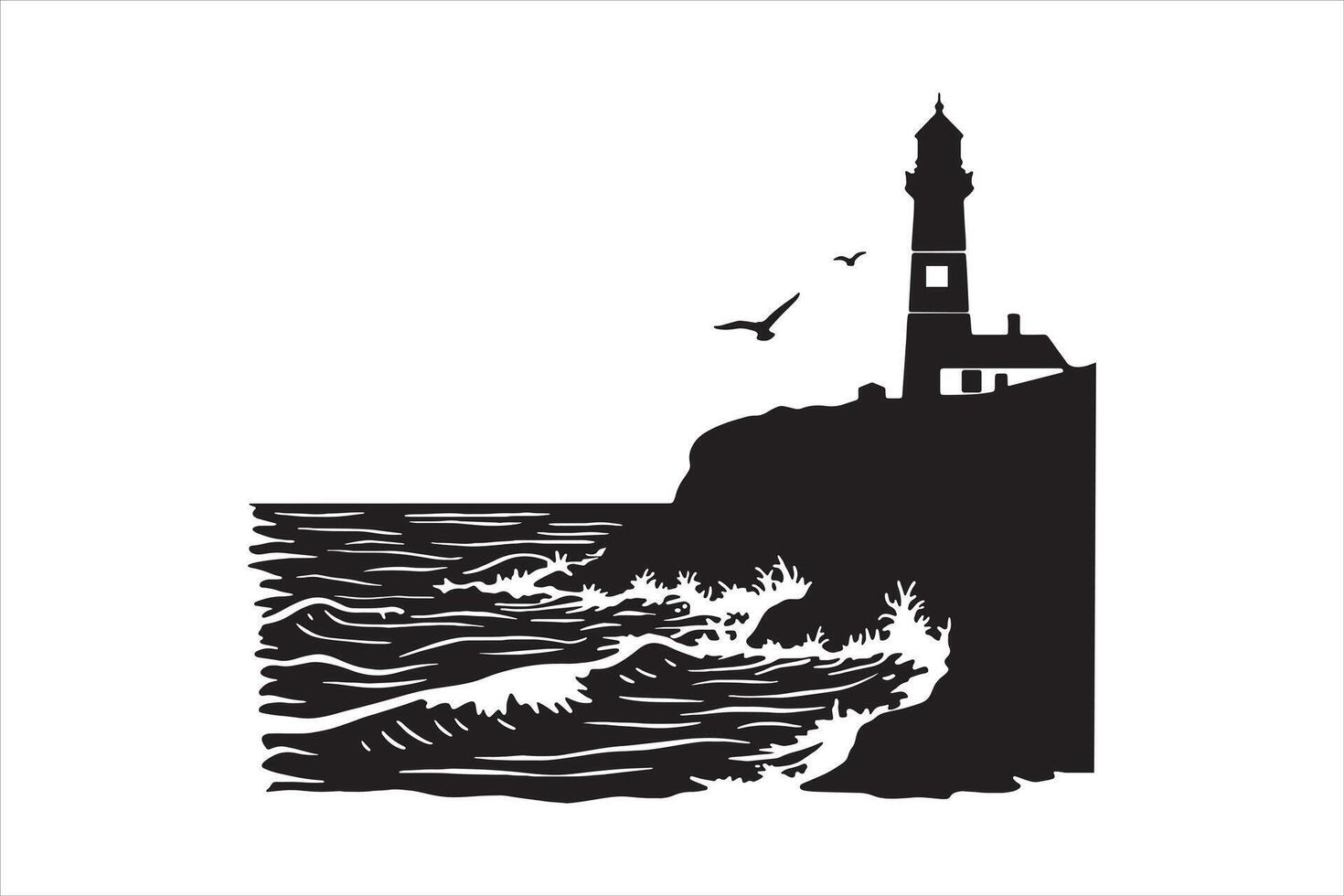 Lighthouse on Rugged Cliff with Crashing Ocean Waves Silhouette vector
